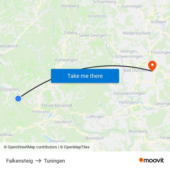 Falkensteig to Tuningen map