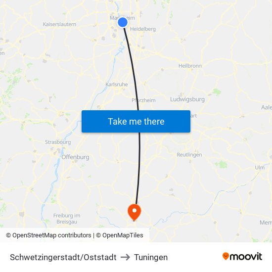 Schwetzingerstadt/Oststadt to Tuningen map