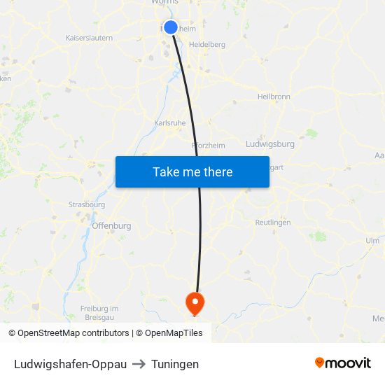 Ludwigshafen-Oppau to Tuningen map