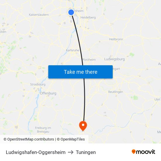 Ludwigshafen-Oggersheim to Tuningen map