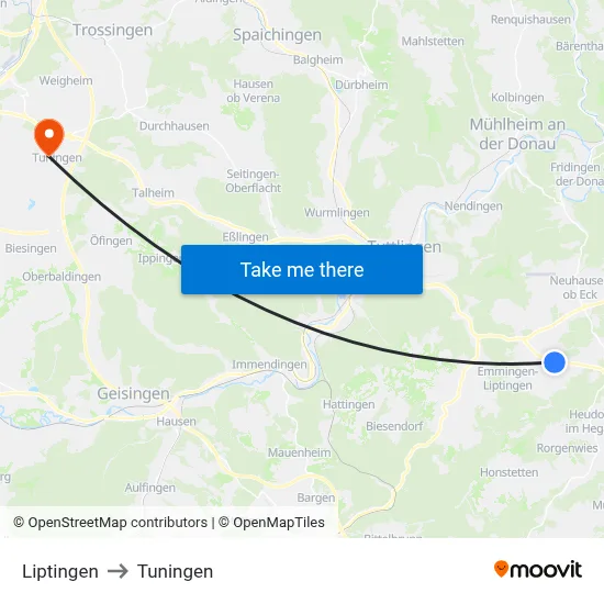 Liptingen to Tuningen map