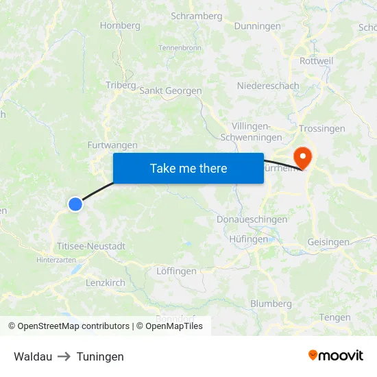 Waldau to Tuningen map