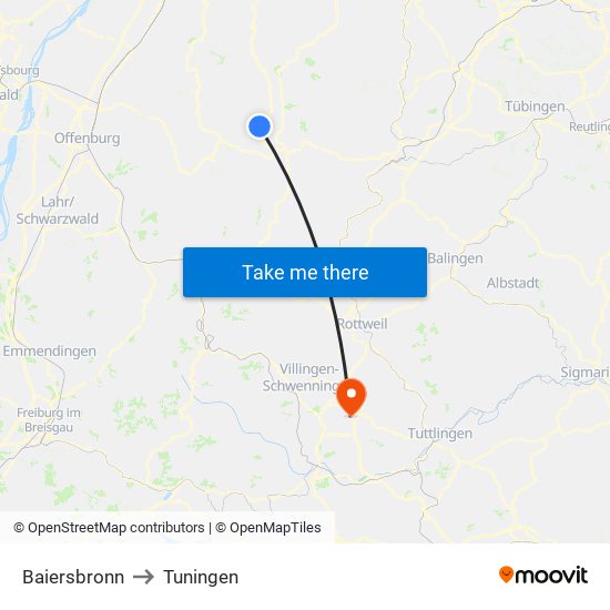 Baiersbronn to Tuningen map