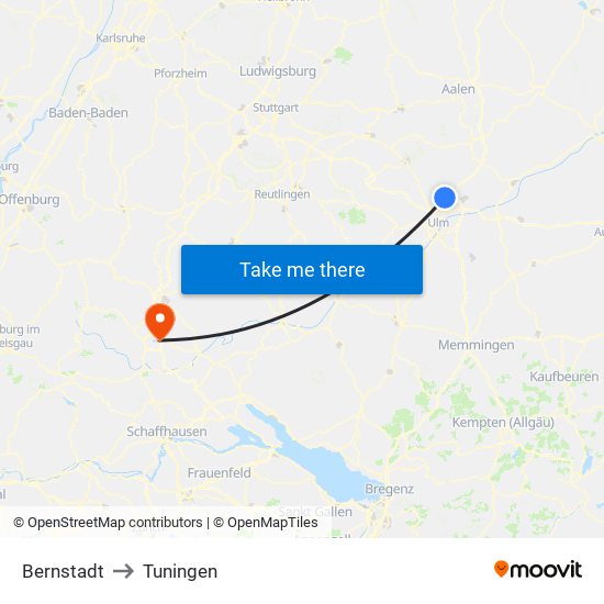 Bernstadt to Tuningen map