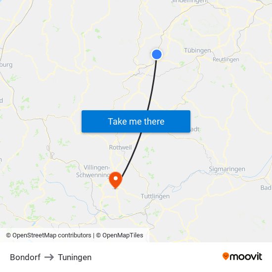 Bondorf to Tuningen map