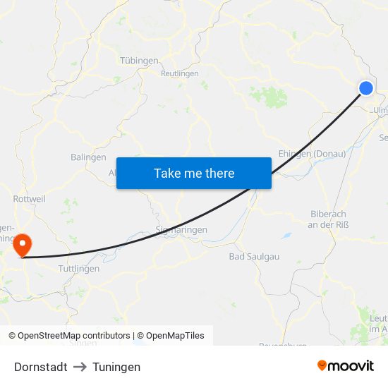 Dornstadt to Tuningen map