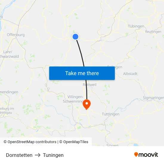 Dornstetten to Tuningen map