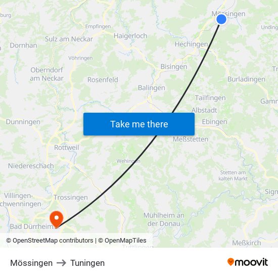 Mössingen to Tuningen map