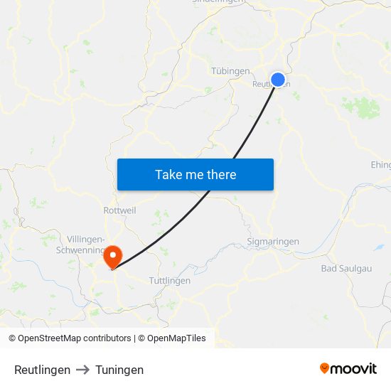 Reutlingen to Tuningen map