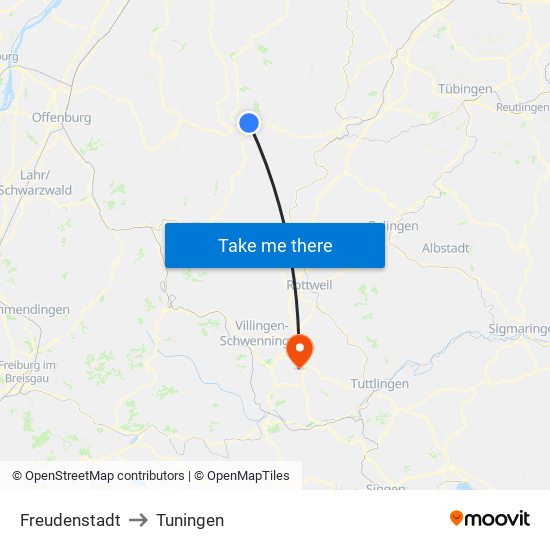 Freudenstadt to Tuningen map