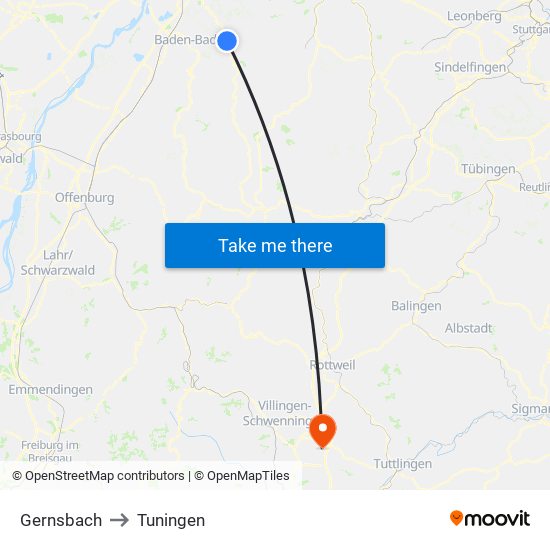 Gernsbach to Tuningen map