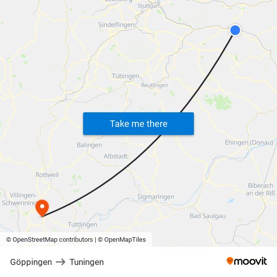 Göppingen to Tuningen map