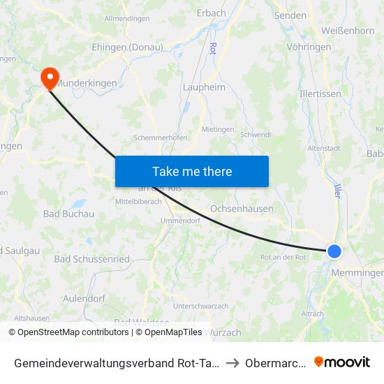Gemeindeverwaltungsverband Rot-Tannheim to Obermarchtal map
