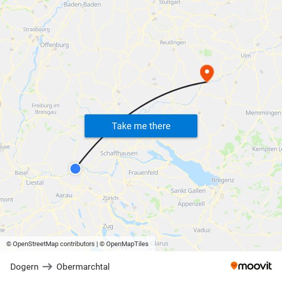 Dogern to Obermarchtal map