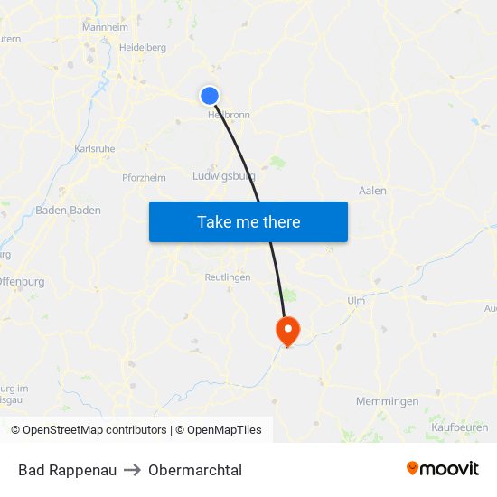 Bad Rappenau to Obermarchtal map