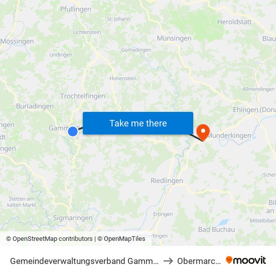 Gemeindeverwaltungsverband Gammertingen to Obermarchtal map