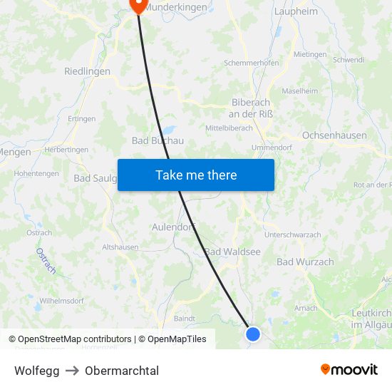 Wolfegg to Obermarchtal map