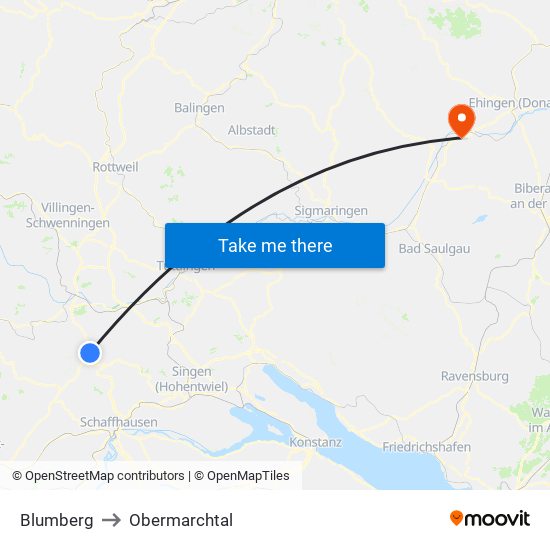 Blumberg to Obermarchtal map