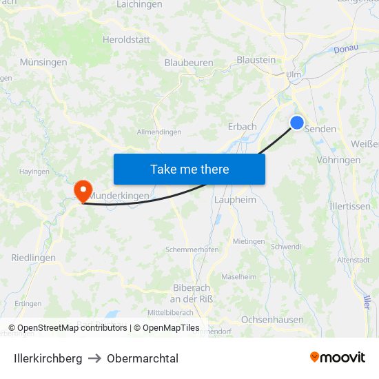 Illerkirchberg to Obermarchtal map