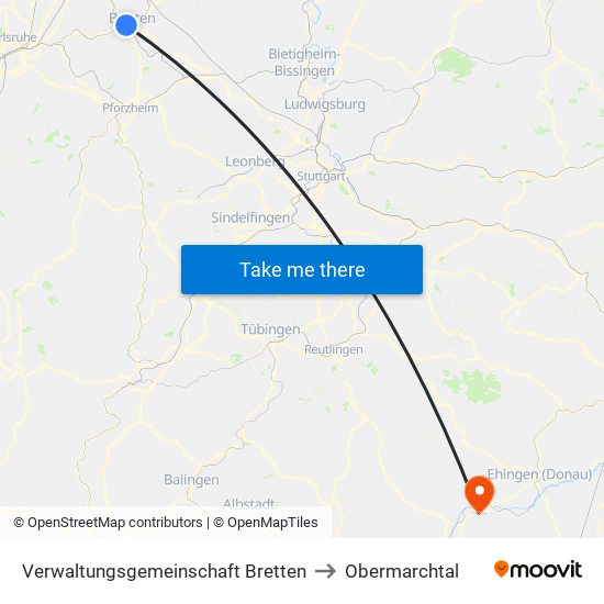 Verwaltungsgemeinschaft Bretten to Obermarchtal map