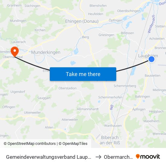 Gemeindeverwaltungsverband Laupheim to Obermarchtal map