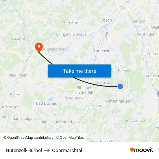 Gutenzell-Hürbel to Obermarchtal map