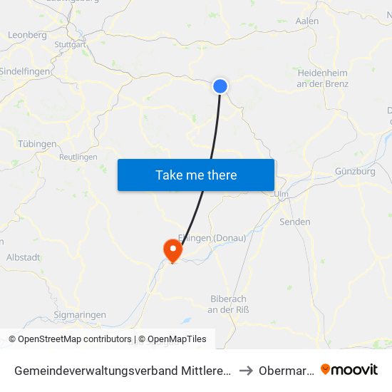 Gemeindeverwaltungsverband Mittleres Fils-Lautertal to Obermarchtal map