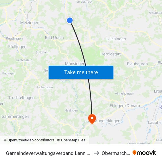 Gemeindeverwaltungsverband Lenningen to Obermarchtal map