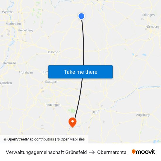Verwaltungsgemeinschaft Grünsfeld to Obermarchtal map