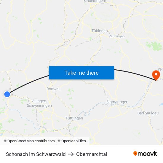 Schonach Im Schwarzwald to Obermarchtal map