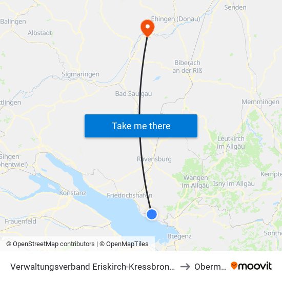 Verwaltungsverband Eriskirch-Kressbronn am Bodensee-Langenargen to Obermarchtal map