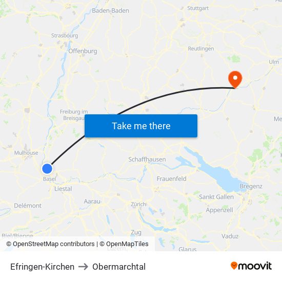 Efringen-Kirchen to Obermarchtal map