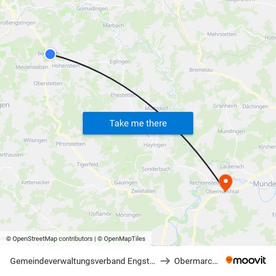 Gemeindeverwaltungsverband Engstingen to Obermarchtal map