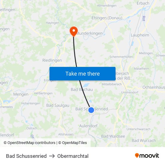 Bad Schussenried to Obermarchtal map