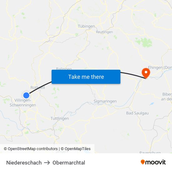 Niedereschach to Obermarchtal map