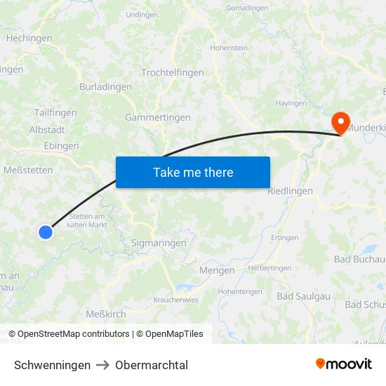 Schwenningen to Obermarchtal map