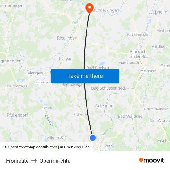 Fronreute to Obermarchtal map