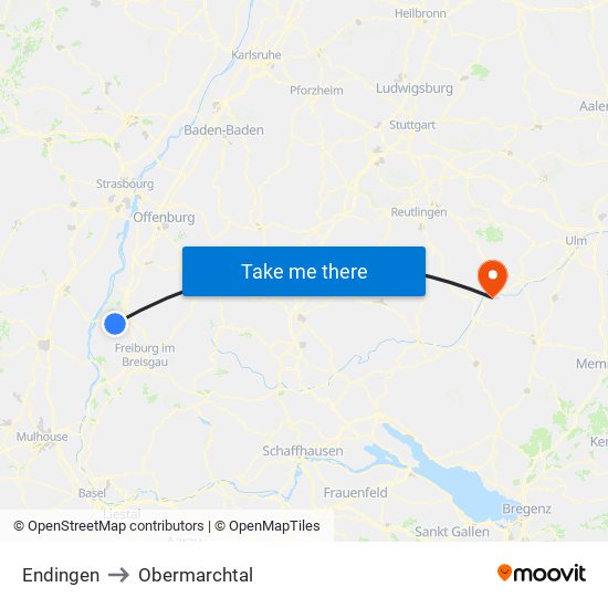 Endingen to Obermarchtal map