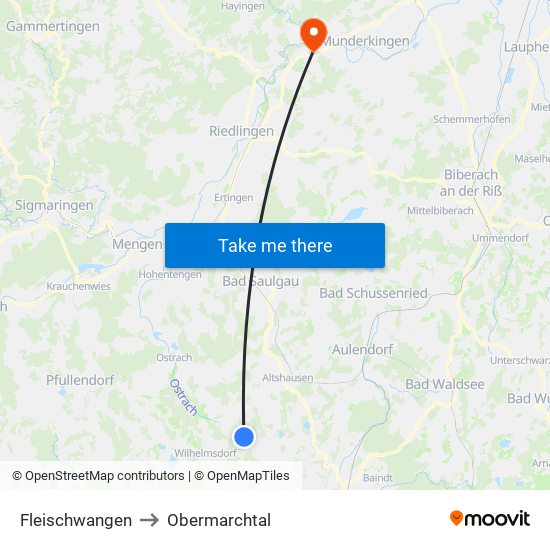 Fleischwangen to Obermarchtal map