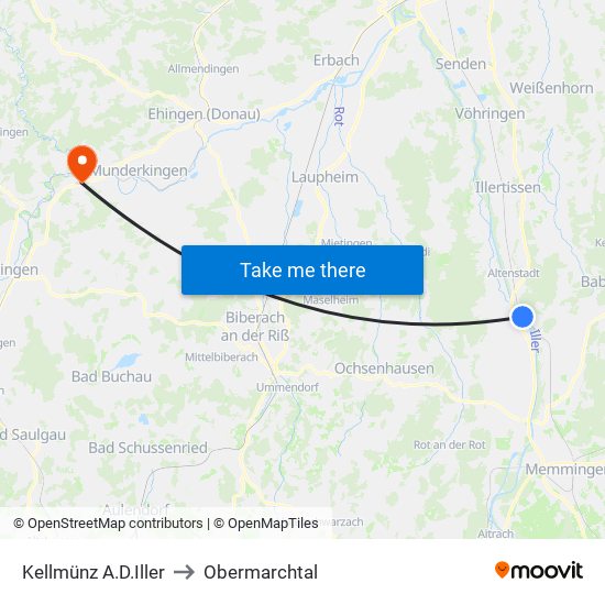 Kellmünz A.D.Iller to Obermarchtal map