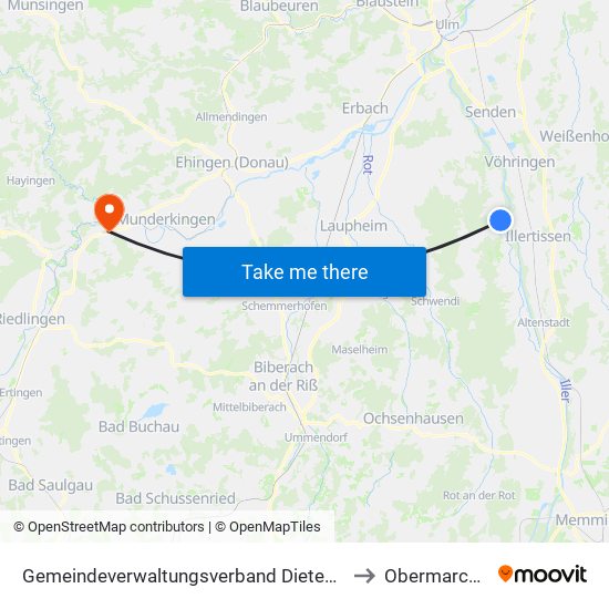 Gemeindeverwaltungsverband Dietenheim to Obermarchtal map