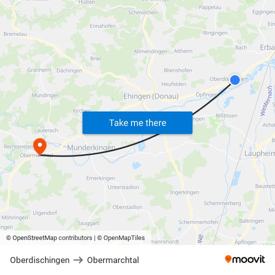 Oberdischingen to Obermarchtal map