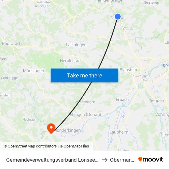 Gemeindeverwaltungsverband Lonsee-Amstetten to Obermarchtal map