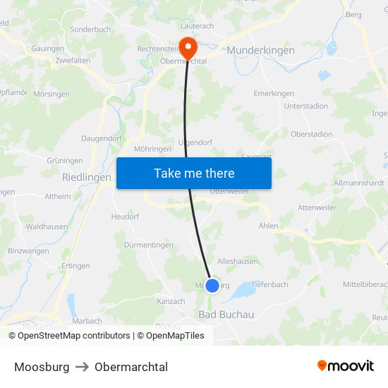 Moosburg to Obermarchtal map