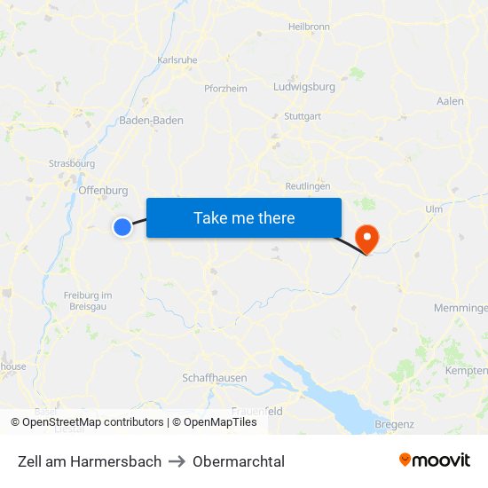 Zell am Harmersbach to Obermarchtal map