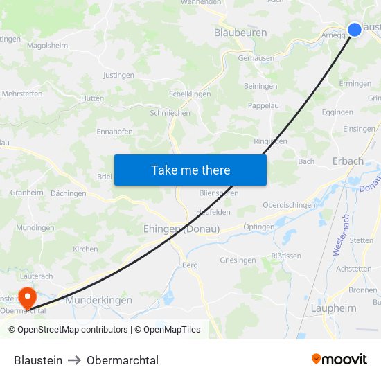 Blaustein to Obermarchtal map