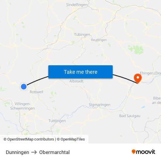 Dunningen to Obermarchtal map