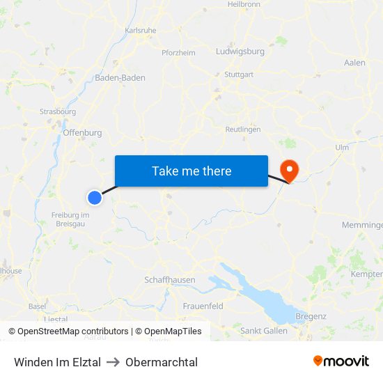 Winden Im Elztal to Obermarchtal map