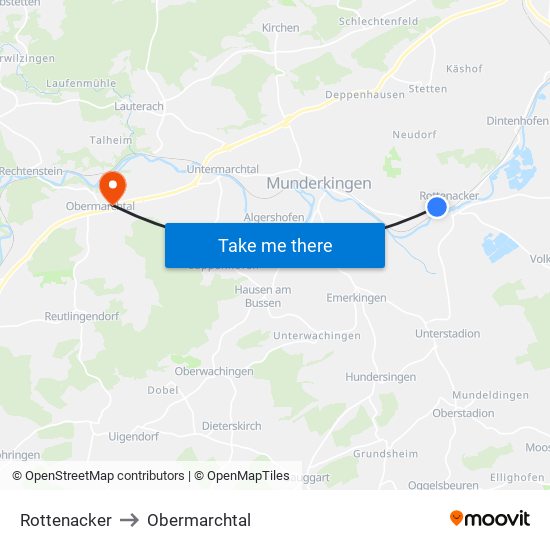 Rottenacker to Obermarchtal map