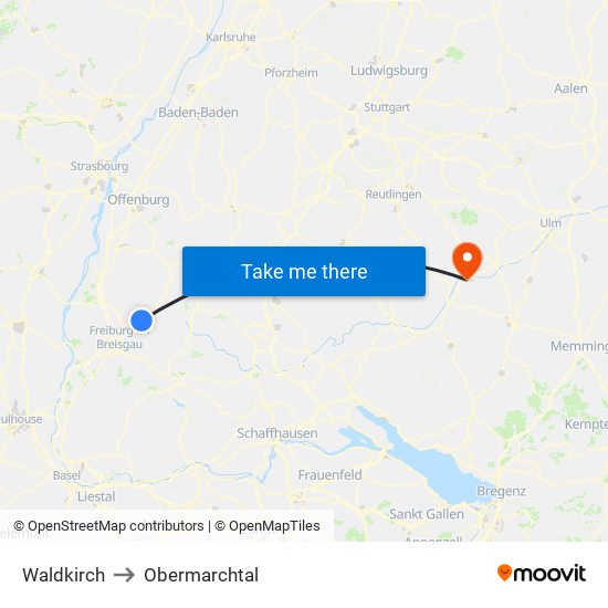 Waldkirch to Obermarchtal map
